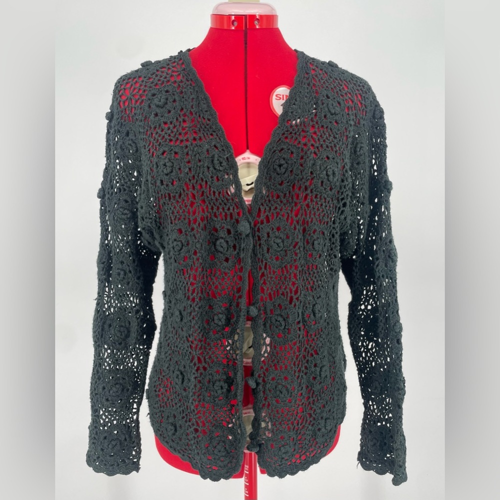Vintage Hand Knit Gothic Black Floral Crocheted Cardigan Sweater / Open Knit - Picture 2 of 13